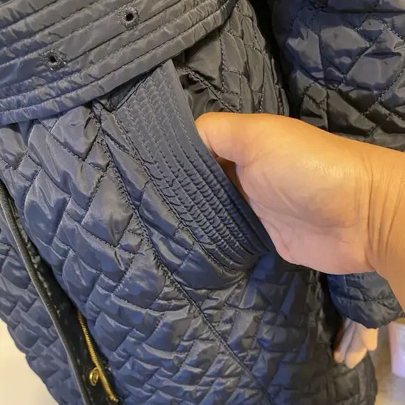 Cole Haan Signature NavyBlue Leather Trim quilted belted Coat Jacket SP Zip Snap - Picture 10 of 13